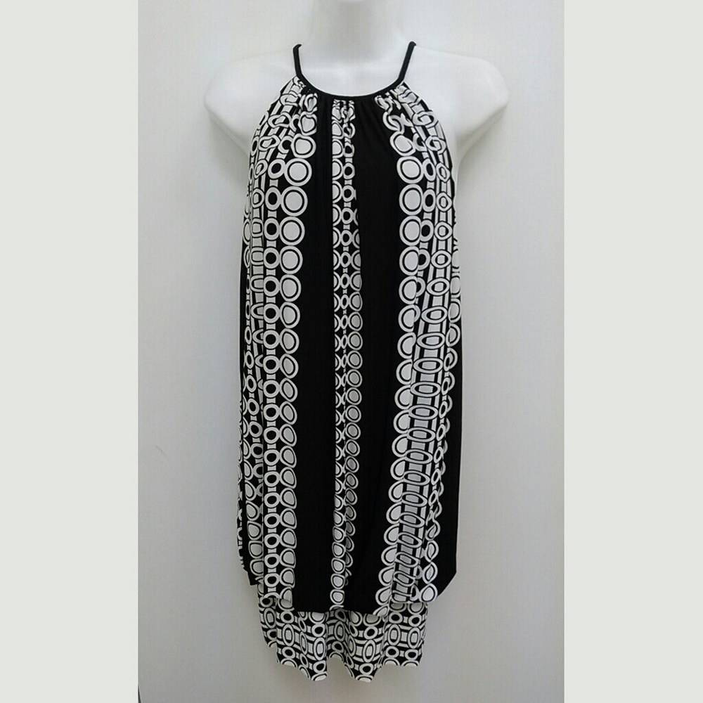 London Times Sz 8 Halter Neck Dress Black White Circles Keyhole